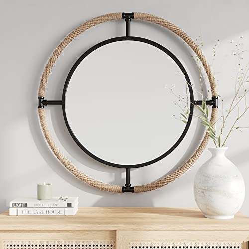 Barnyard Designs 32 Inch Round Nautical Coastal Wall Mirror, Metal/Rope Framed Rustic Farmhouse Bathroom Beach Decor, Black/Natural