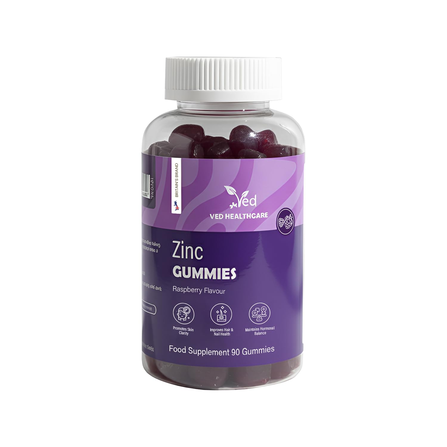 VED Zinc Gummies 50mg, 45 Days Supply, 90 Gummies, Zinc Supplement for Men & Women, Easy to Chew, Natural Raspberry Flavour, Vegan, Immune, Skin, Hair, Nail, Non-GMO & Magnesium Stearate-Free