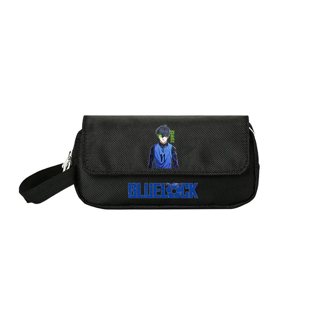 LKY STAR Anime Blue Lock Merch Pencil Case for Boys Girls, Black Canvas Double Layers Pencil Pouch with Character Designs, Multi-Compartment Storage Pouch for Students