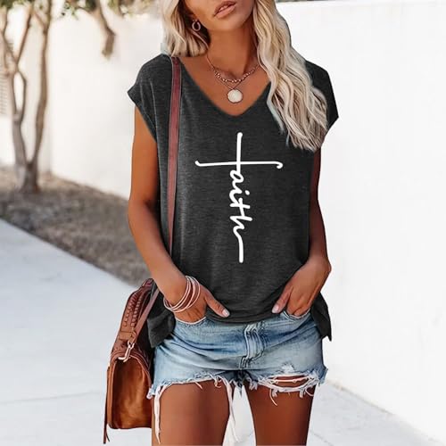 LOOKFACE Women's Faith V-Neck Tees Cap Sleeve Graphic T-Shirts2