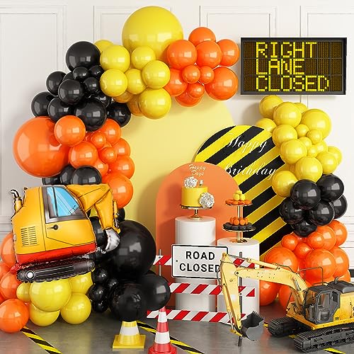 Construction Party Balloon Garland Kit, Construction Birthday Party Supplies Orange Black Yellow Balloon Garland with Truck Foil Balloon for Construction Quarantine Party Decorations