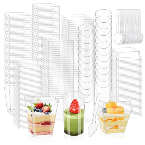 300 Packs 5oz Dessert Cups with Lids and Spoons, Clear Parfait Cups for Parties, Mini Plastic Dessert Cups Appetizer Cups, Square Dessert Shooter Cups for Fruit Chocolate Pudding and Ice Cream