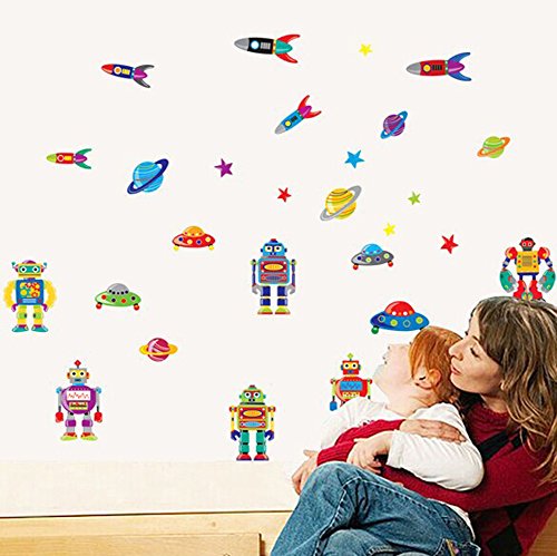 Wallpark Chicos Dibujos animados Robots Cohete Volador Platillo Desmontable Pegatinas de Pared Etiqueta de la Pared, Bebé Niños Hogar Infantiles Dormitorio Vivero DIY Decorativas Arte Murales