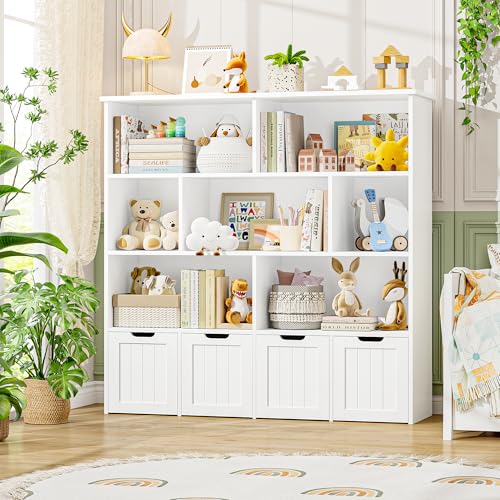 FINETONES Toy Storage Organizer, Kids Bookshelf with 4 Movable Chests and 7 Storage Cubes, Toy Chest Storage with Hidden Wheels, Toy Organizers and Toy Storage, White - Image 3