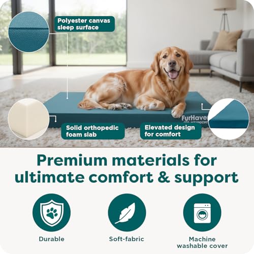 Image of FurHaven Water-Resistant Orthopedic Dog Bed for Large Dogs, Oxford Polycanvas Mattress, Solid Orthopedic Foam Slab for Joint Support, Removable Washable Cover, Jumbo Plus /XXL, Deep Lagoon
