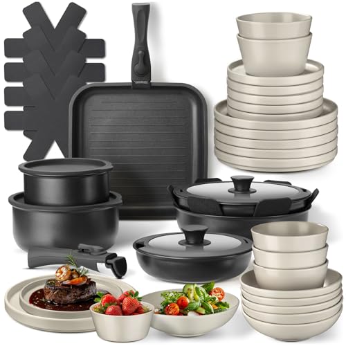 DESIGN MODERNO E PRATICO: Le pentole e le stoviglie sono state pensate per essere eleganti e funzionali, con un design moderno che si abbina perfettamente a qualsiasi tipo di cucina. I manici removibili offrono una maggiore versatilità e facilità di conservazione. Inoltre, il set è realizzato con materiali durevoli, resistenti e facili da pulire.