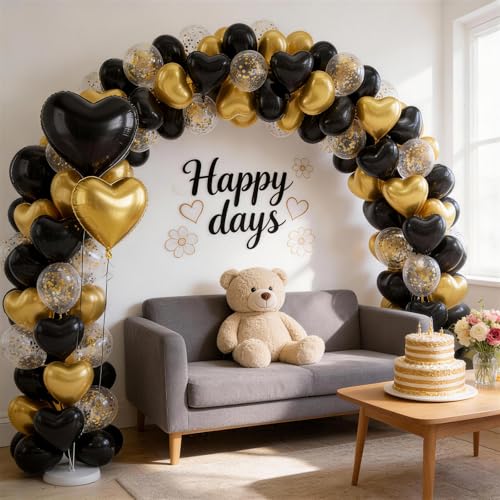 Image of Black & Gold Heart Balloons Party Decorations, Heart Shaped Foil and Latex Balloon Decorations for Men Women Happy Birthday Party, Retirement, Graduation, Anniversary, Baby Shower, Wedding, Engagement