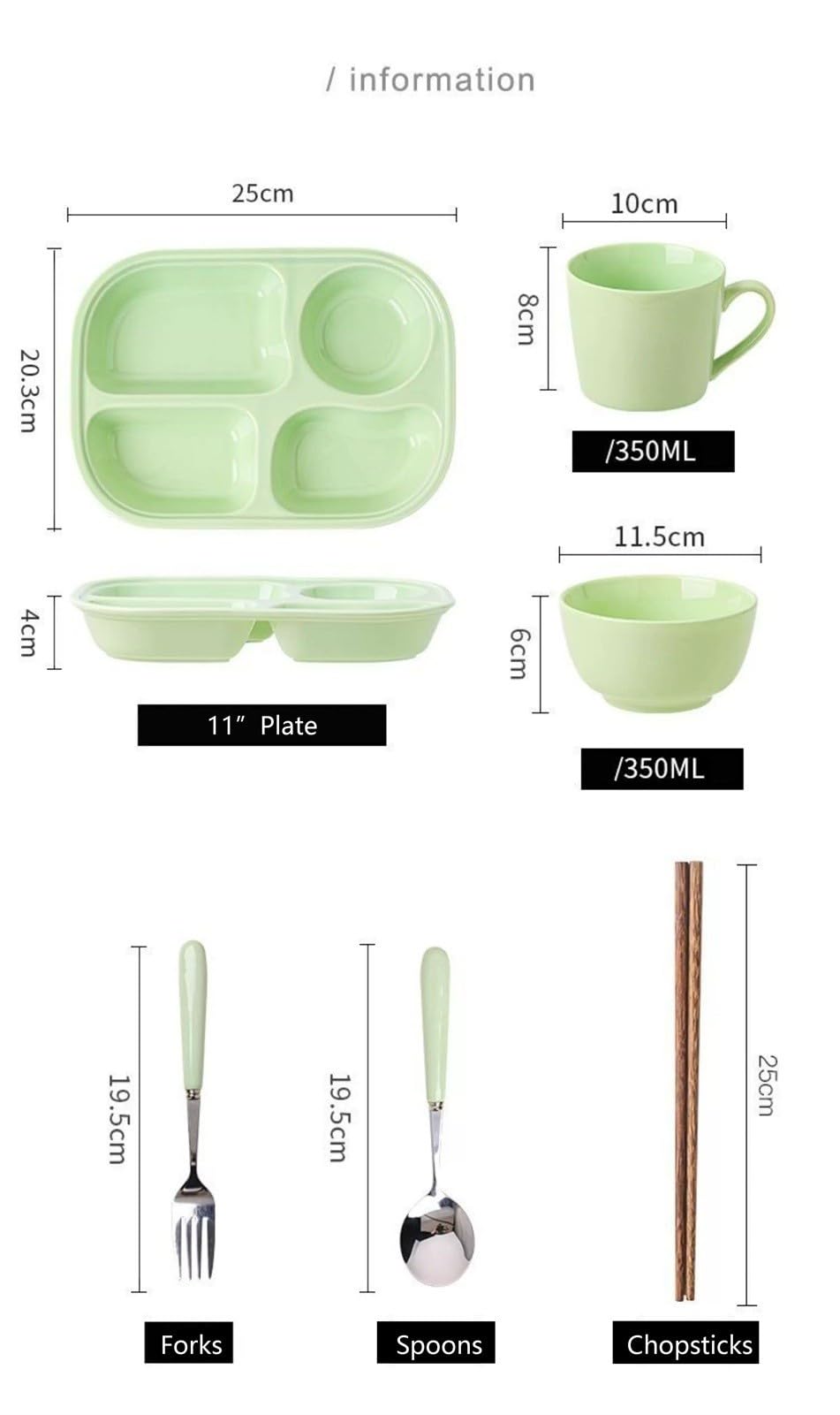 Meiiron Assiettes de service, assiettes à dîner 5 sections, couverts, vaisselle(Green-3Pcs)