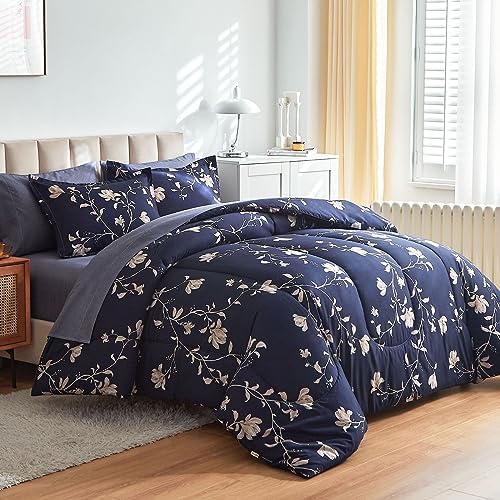 AIKASY Bed in a Bag Queen Comforter Set，7 Pieces Floral Comforter Set Bedding Sets with (1 Comforter, 2 Pillow Shams, 1 Flat Sheet, 1 Fitted Sheet, 2 Pillowcases) (Navy, Queen)