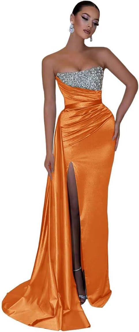 Strapless Satin Mermaid Prom Dresses with Slit Long Beaded Formal Evening Party Gowns