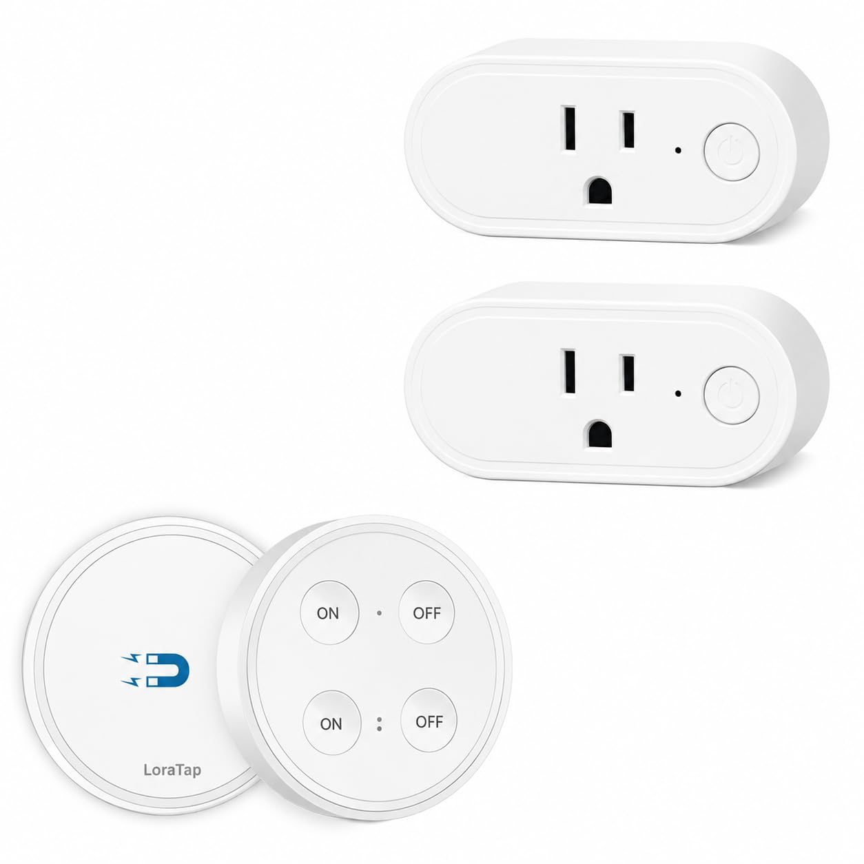 LoraTap Wireless Outlet (2 Pack) - Ergonomic Round Remote (Comfort Grip!) + Magnetic Wall Base - Stick & Grab, No Wall Damage - 15A/1875W 100ft Range - Control for Hard-to-Reach Sockets 2 Pack Slim Oval 15A Outlet