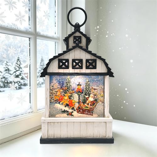 Tozhoet 11-Inch Lighted Barn Lantern Swirling Water Glitter Globe with Santa Sleigh Scene Battery Operated 8H Timer Holiday Sparkling Gift and Indoor Christmas Home Dcor (Barn)