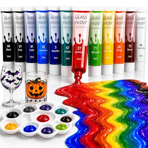 EZU Acrylic Glass Paint Kit Transparent Stained Glass Paint for Wine Glass Window Ceramic Bottle Non-Toxic Waterproof Acrylic Enamel Painting Set for Adults Beginners(12 Colors / 5.04 Oz)
