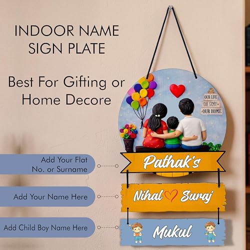 Image of P Arts Personalized Family Name Plate with 3D Illusion UV Print | Customized Wooden MDF Name Board for Indoor Home Entrance | Includes Self-Adhesive Sticky Hook for Easy Installation (Couple + 1 Boy)