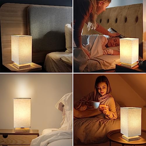 Image of Small Square Bedside Table Lamp for Bedroom, Minimalist Wood Base & Round Fabric Shade, Mini Cute Cozy Warm Nightstand Boho Lamp, Study Desk Night Stand Light for Room, Dorm, Nursery, Living Room
