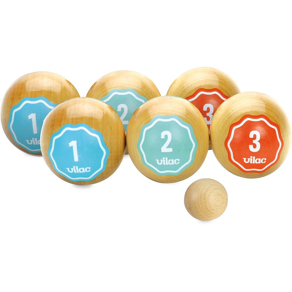 Vilac - Jeu de Pétanque Rétro - Jeu de Plein Air - Jeu d'Adresse et de Précision en Bois Vernis - Jeu d'Ambiance - 6 Boules Colorées - pour Enfants à Partir de 5 Ans
