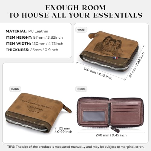 Personalized Wallet for Men – Custom Engraved Leather Wallet with NFC Smart Album – Store Photos & Engrave Name/Text – Unique Gift for Husband, Boyfriend, Dad (Light Brown - With Zipper)3