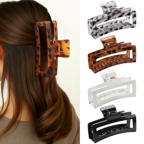 5 Inch XL Jumbo Large Claw Clips 4-Pack Oversized Rectangle Big Hair Clips for Women Non-Slip Dark & Light Leopard
