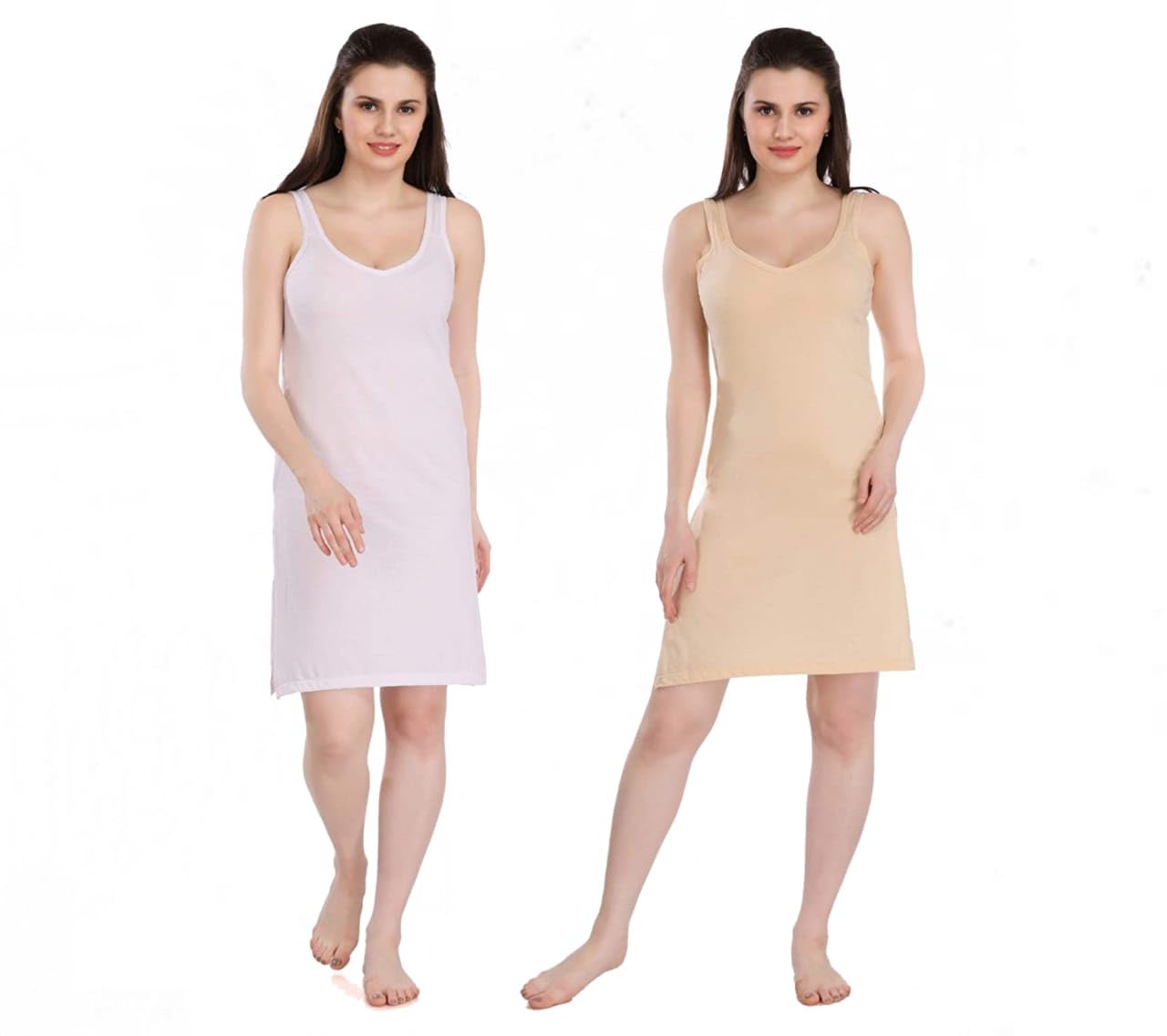 h & c Cotton Hosiery Kurti Slip Long Camisole Shamiz Plus Size Kurta Slip for Women, Pack of 2 (White & Skin,XXL)-picture-51