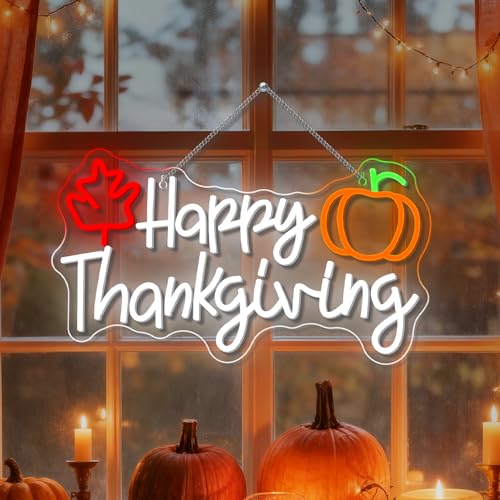 Image of Happy Thankgiving Neon Sign Thanksgiving Autumn Harvest Pumpkin Decoration LED Neon Light for Wall Decor Bedroom Living Room Kitchen USB Powered Adjustable Light Decor