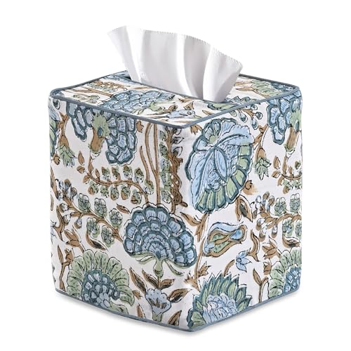 Ridhi Asparagus Green Block Print Tissue Box Cover Handmade Cotton Fabric Decorative Square Napkin Holder for Home Bedroom Living Room Bathroom Vanity Countertop Car Night Stands Office Kitchen