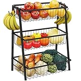 Simple Trending 3 Tier Fruit Basket Metal Wire with 4 Banana Hooks, Countertop Fruit Vegetable Basket Kitchen Organizer for Bread Snack Veggies Produce, Black