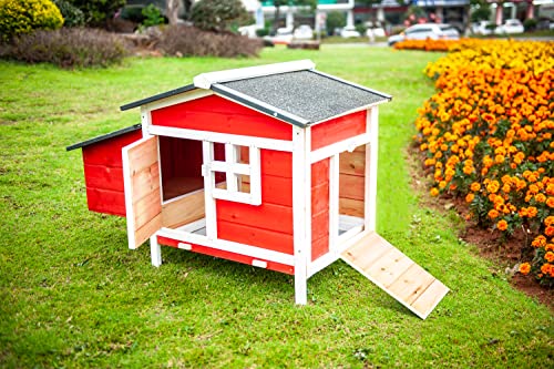 Chicken Coops for 2 Chickens Outdoor Wooden Hen House Poultry Pet Hutch with Nest Box & Ramp (Red House)