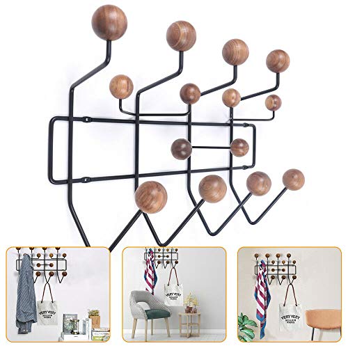Perchero moderno de pared con bolas de madera de nogal macizo, diseño clásico de mediados de siglo, práctico colgador de pared con bolas de madera pintadas, ganchos de madera, gancho de caramelo,