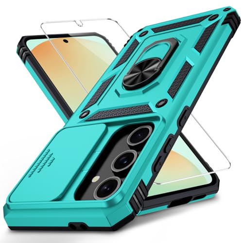 Weycolor for Samsung Galaxy S25 Case with Camera Lens Cover, HD Screen Protector, 10 FT Military Grade Drop Protection, Magnetic Ring Holder Kickstand Protective Phone Case, Ice Green