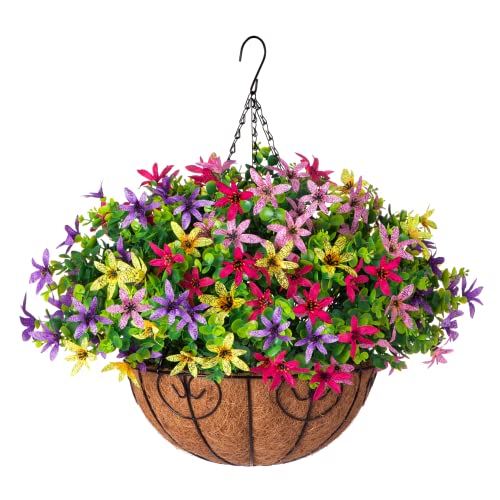 Artificial Flowers In Hanging Basket Planter For Home Decoration, Daisy With Boxwood Leaves For Outdoor Garden Yard, Metal Coconut Lining Basket With Faux Plant Greenery, Mixed Color #TOP9