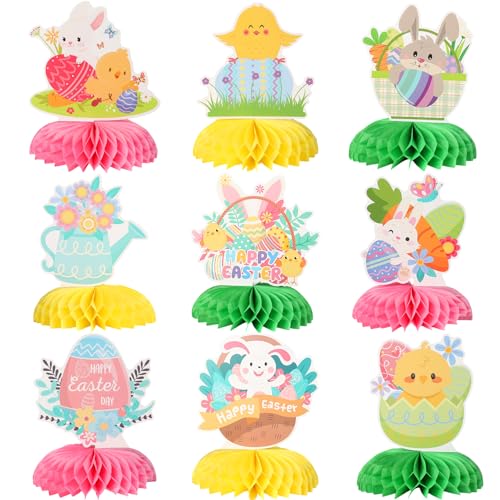 YoiAVRIG Decoration Paques,Deco Paques – 9 Pièces Ornements De Table en Forme De Lapin, Nid d'abeille en Papier pour Fête De Pâques Et Décorations Festives