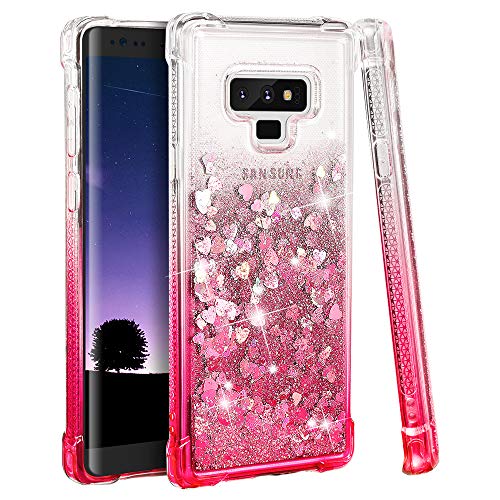 Ruky Galaxy Note 9 Case, Galaxy Note 9 Glitter Case, Gradient Quicksand Series Reinforced Corners TPU Bumper Cushion Protective Shockproof Bling Heart Liquid Case for Galaxy Note 9 - Gradient Pink