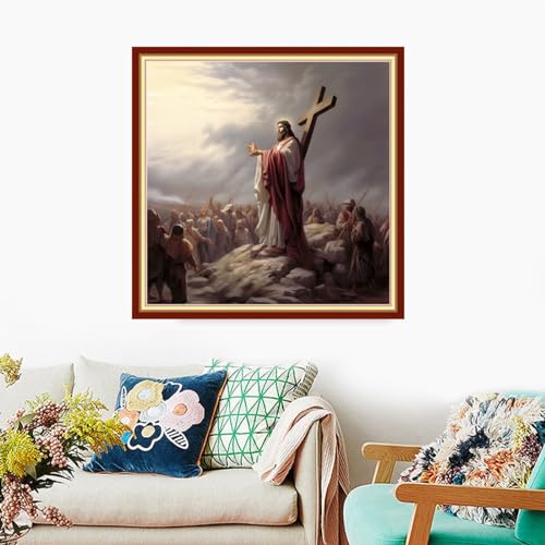 Image of Foxdiviy Stamped Cross Stitch Kits Full Range of Embroidery Needlework Starter Kits for Beginners Adults 11CT Embroidery Patterns Art Crafts DIY Needlepoint Kits-Cross Jesus 18x18 inch