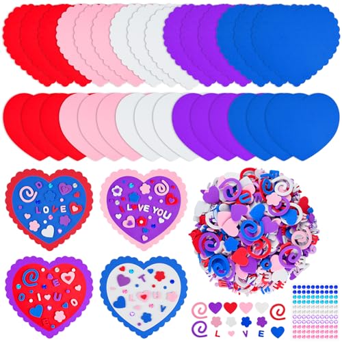 NACHLYNN 1040 Pcs Valentine's Day Foam Heart Stickers Craft Kit with 30 Pcs Large Foam Hearts 110 Pcs Gem Stickers and 900 Pcs Self-Adhesive Small Foam Stickers for Kids Craft Supplies