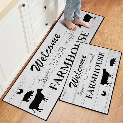 2 Pcs Kitchen Rugs Set Washable Kitchen Mats for Floor, Home, Sink, Bathroom Non Slip Cushioned Farmhouse Kitchen Rug Runner Standing Mat（Farmhouse