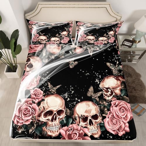 Feelyou HML8012CLWT QUEEN Rose Skull Fitted Sheet Gothic Skull Bedding Set cover