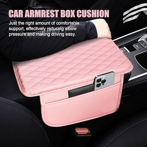 Anyhut 1 PC Car Center Console Cover, Leather Car Armrest Cushion Cover with Side Storage Pockets, Middle Car Interior Accessories, Universal for Trucks, Cars, SUVs (Pink)