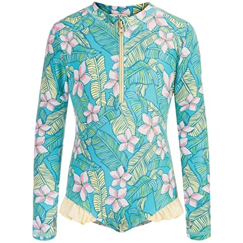 Danna Belle Girls One-Piece Rash Guard Swimsuits Girl Long Sleeve Bathing Suits Size 5-12, Green Floral, 8 Years Cover