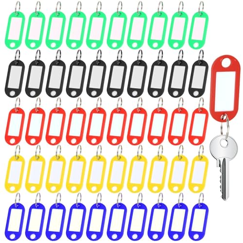 50 Pièces Porte Clés en Plastique, Porte Clef Etiquettes de Bagages Porte Clés Inscriptibles avec Anneau pour Étiquettes D'identification Nom D'animal de Compagnie Hôtel Valise
