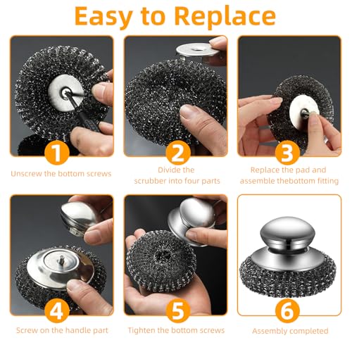 Image of 2Pcs Heavy Duty Stainless Steel Dish Brush with Handle - Kitchen Scrub Brush for Dishes, Pans, Cooktops - 3 Replacement Pads Included