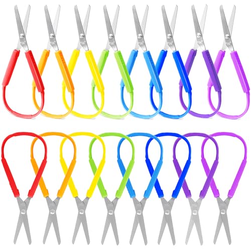 16 Packs Mini Loop Scissors for Children Self Opening Adaptive Scissors Colorful Grip Scissors Set for Kids and Adults Special Needs Lefty and Right Support 8 Colors(5.5 Inch)