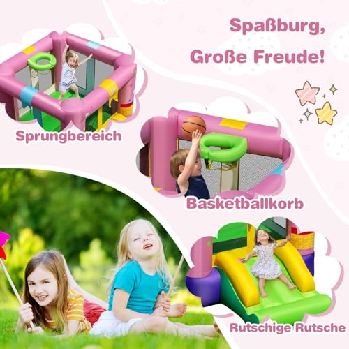 FANTASK aufblasbaren Hüpfburg, Sprungbereich & Basketballkorb, Hüpfburg mit Rutsche, Sprunghauses für Indoor und Outdoor, 240 x 174 x 143 cm