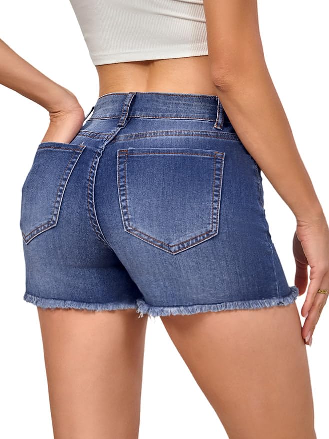 Image of VIPONES Women Mid Rise Jeans Shorts Frayed Raw Hem Summer Stretchy Casual Denim Shorts