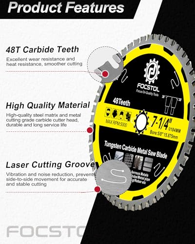 Image of FOCSTOL 7-1 /4 Inch Metal Cutting Saw Blade, 48T TCT Carbide Tip for Steel, Stainless Steel, Ferrous Metals, 5 /8 Inch Arbor