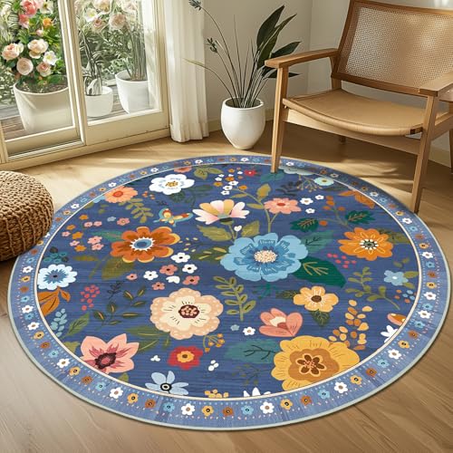 Floral 4ft Area Rug Machine Washable Soft Print Boho Carpet Non Slip Doormat Low Pile Flower Area Rugs for Living Room Bedroom Nursery Kitchen Dining Room Indoor-Blue/Grey
