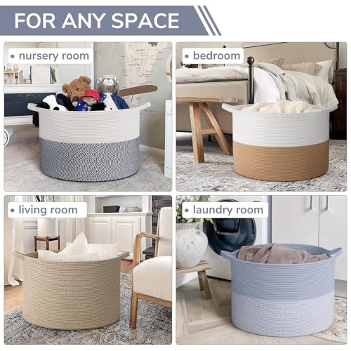 Image of INDRESSME 115L Extra Large Cotton Rope Basket, Blanket Basket for Home Decor Living Room Nursery, Toy Storage Baskets for Kids Boys Girls, White & Navy