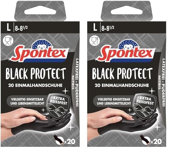 Spontex Black Protect, 20 Einmalhandschuhe aus Nitril, besonders reißfest und strapazierfähig, latexfrei und ungepudert, Größe L (1 x 20 Stück) (Packung mit 2)