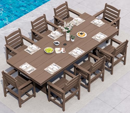 Image of SERWALL 9 Piece 84 inch HDPE Outdoor Dining Set for 8 with Armchairs and Umbrella Hole, Brown