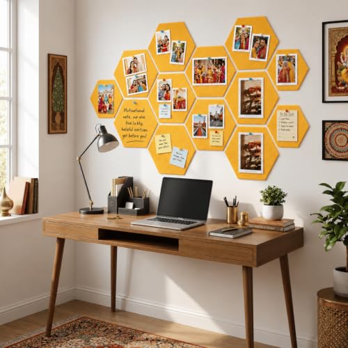 Image of Quiet Canvas Hexagon Pinboard, 1x1 ft, Pack of 8, 50 PushPins, (Yellow)