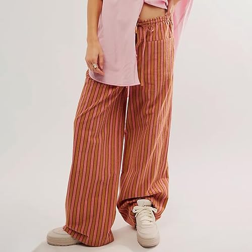 Calça feminina listrada Y2k com cordão elástico cintura alta pernas largas vintage streetwear, 03 -